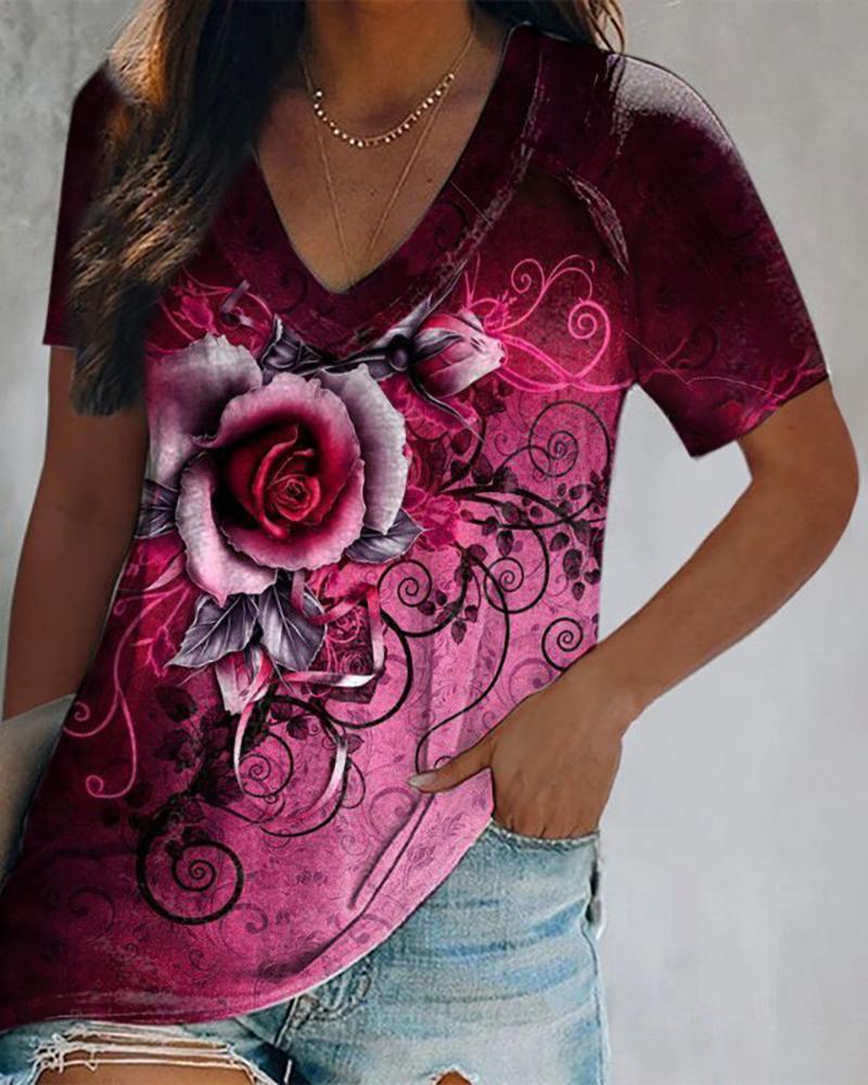 

Floral Print V Neck Short Sleeve T- Shirt, Hot pink