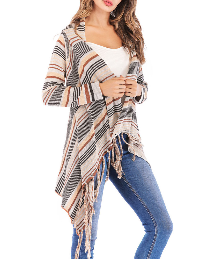 

Tassel Decor Striped Print Long Sleeve Cardigan, Yellow