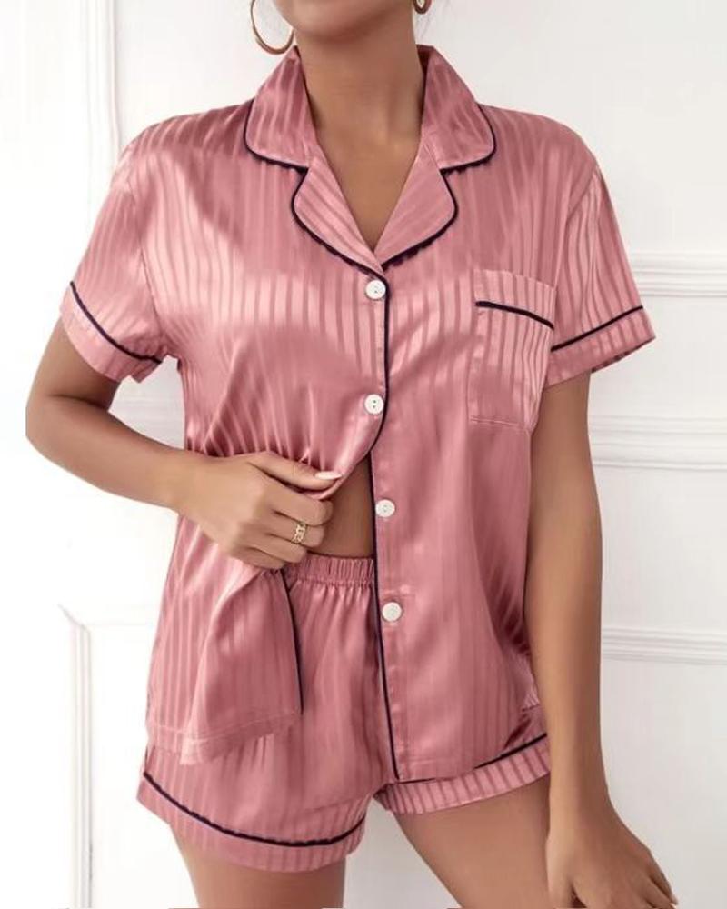 

Contrast Binding Buttoned Pajamas Set, Pink