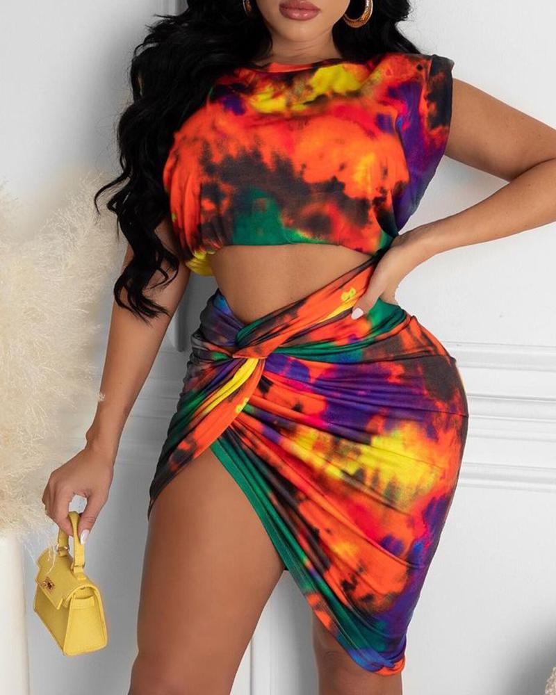 

Tie Dye Print Tank Top & Twisted Skirt Set, Multicolor