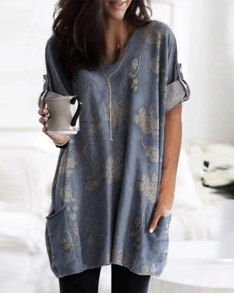 

Long Sleeve Floral Print Casual Top, Blue