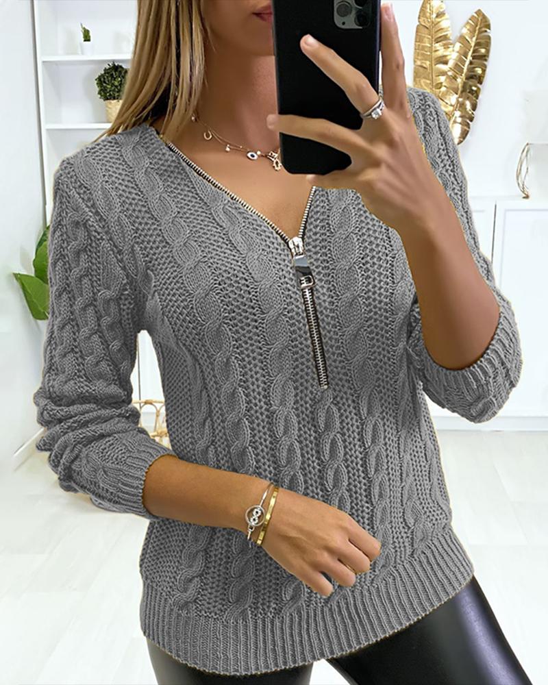 

Zipper Front V-Neck Cable Knit Sweater, Gray