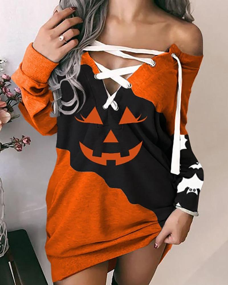 

Halloween Long Sleeve Pumpkin Print Eyelet Lace-up Sweatshirt Dress, Orange
