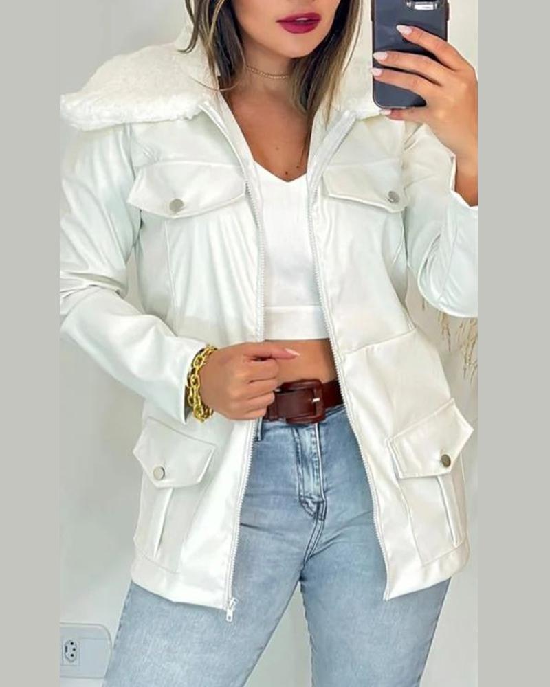 

Pocket Zipper Design PU Leather Fuzzy Coat, White