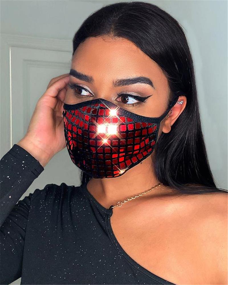 

Shining Bling Sequins Plaid Reusable Face Mask, Red