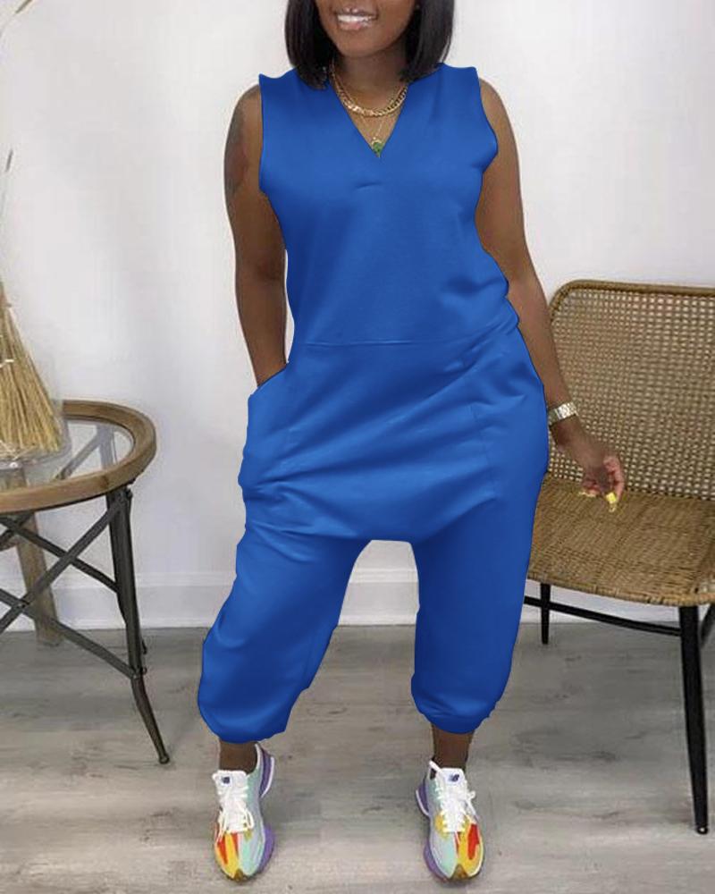 

Sleeveless Pocket Design V-Neck Jumpsuit, Blue