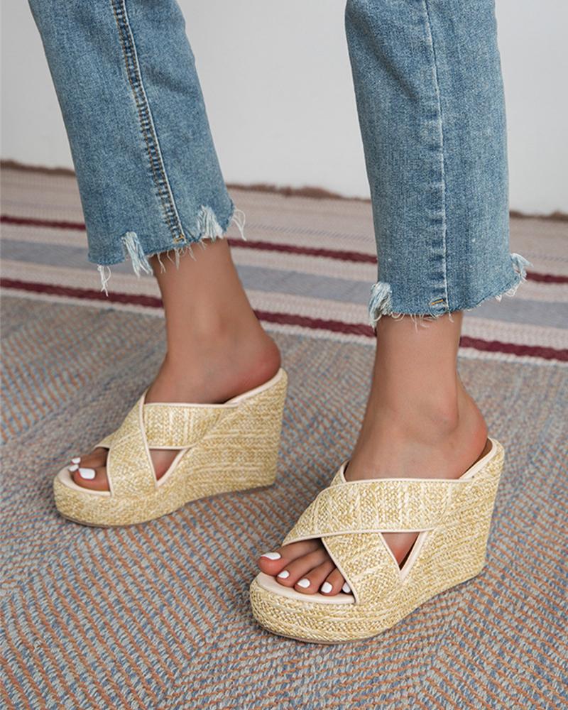 

Solid Cut-out Patch Upper Wedge Shoes Sandals, Apricot