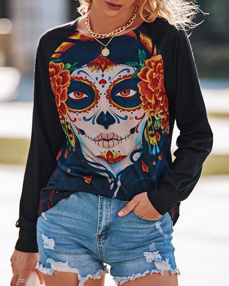 

Halloween Figure Floral Print Casual Sweatshirt, Black
