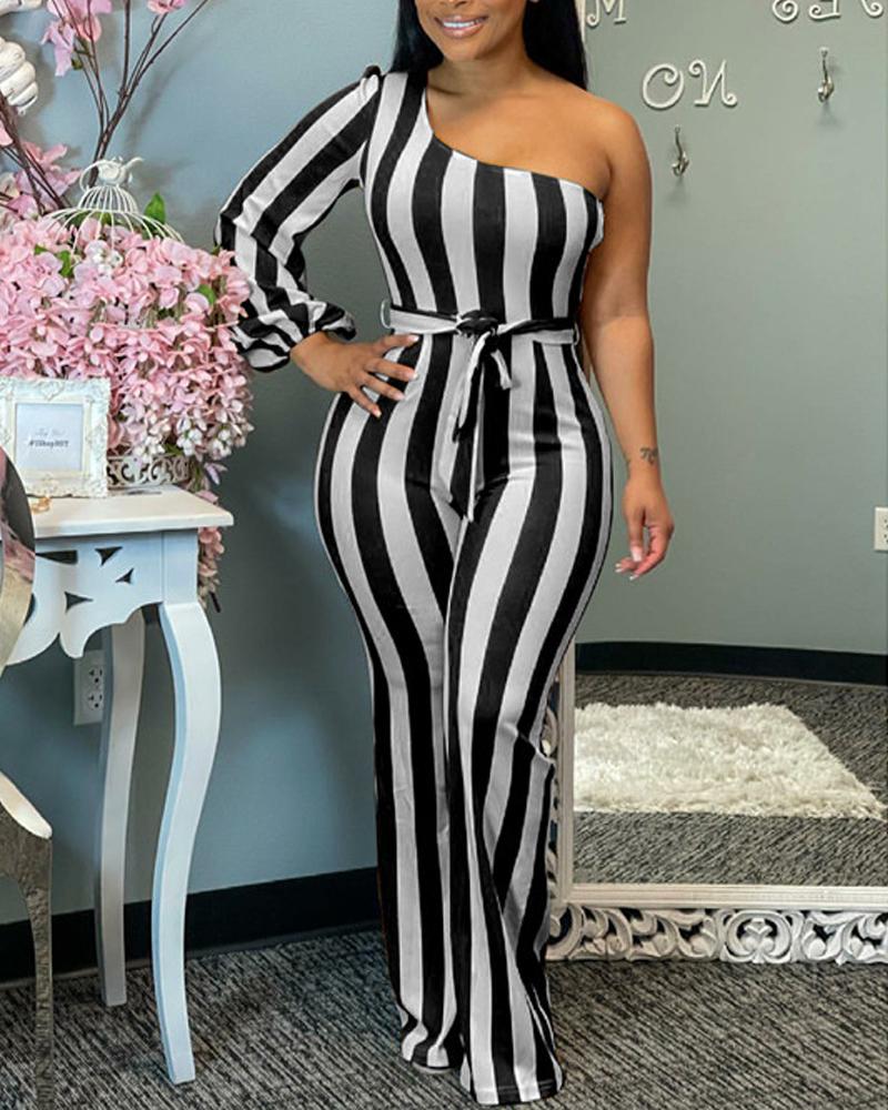 

Striped Print One Shoulder Belted Flared Leg Jumpsuit, Black