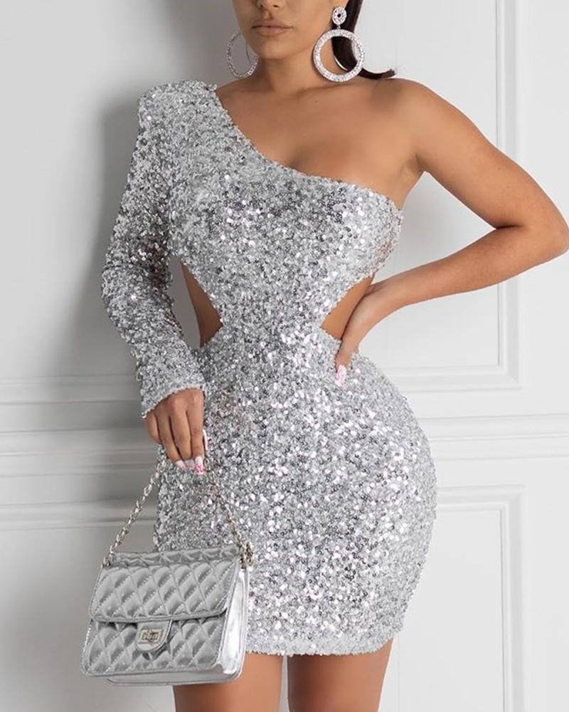 

One Shoulder Cutout Sequin Dress, Silver