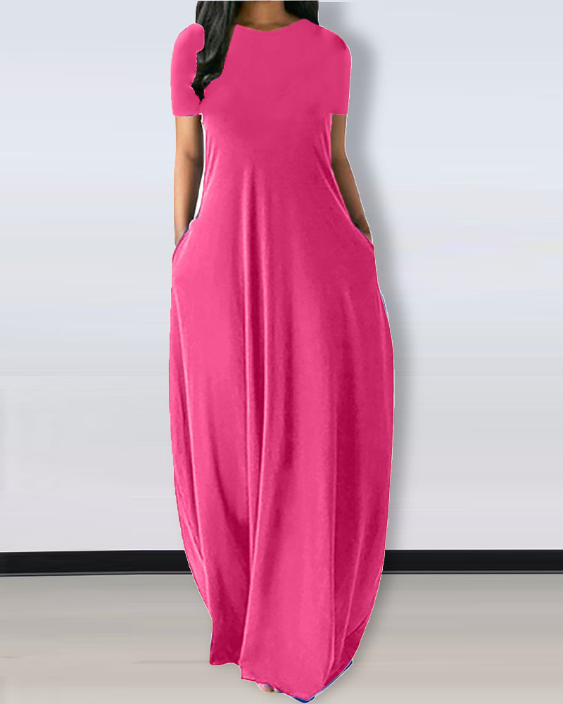 

Short Sleeve Pocket Detail Casual Dress, Hot pink