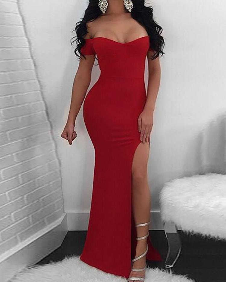 

Solid Color Off Shoulder Slit Fishtail Maxi Dress, Red