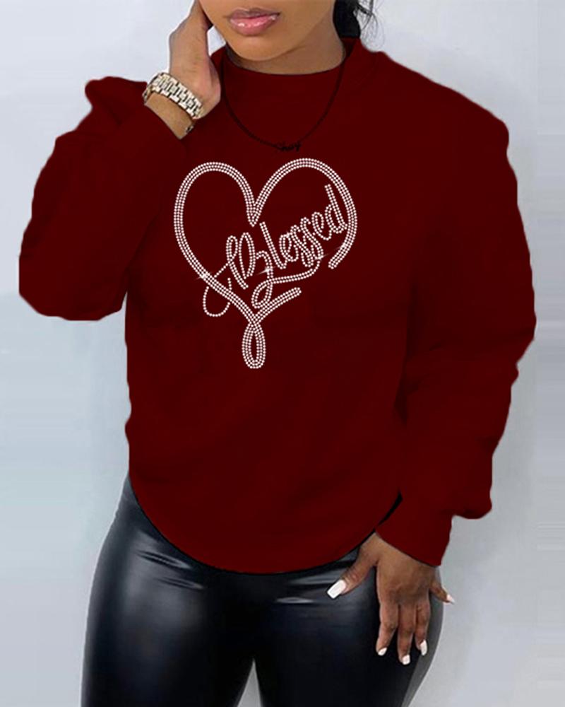 

Plus Size Rhinestone Heart Letter Pattern O-Neck Sweatshirt, Wine red