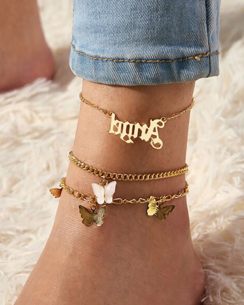 

Letter & Butterfly Chain Anklet Set, Gold