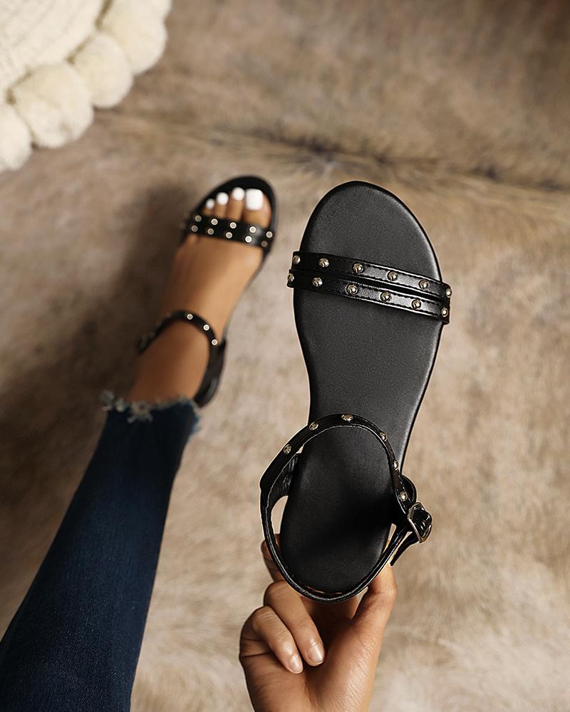 

Studded Open-toe Flat Sandals, Black