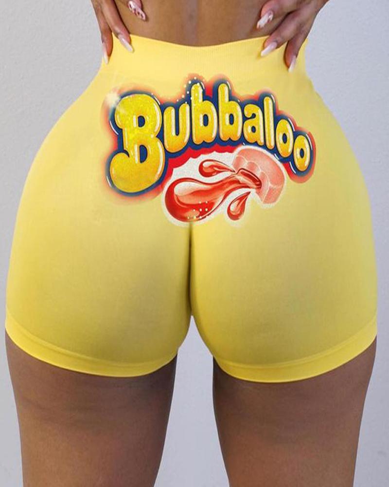 

Letter Cartoon Print High Waist Casual Shorts, Yellow