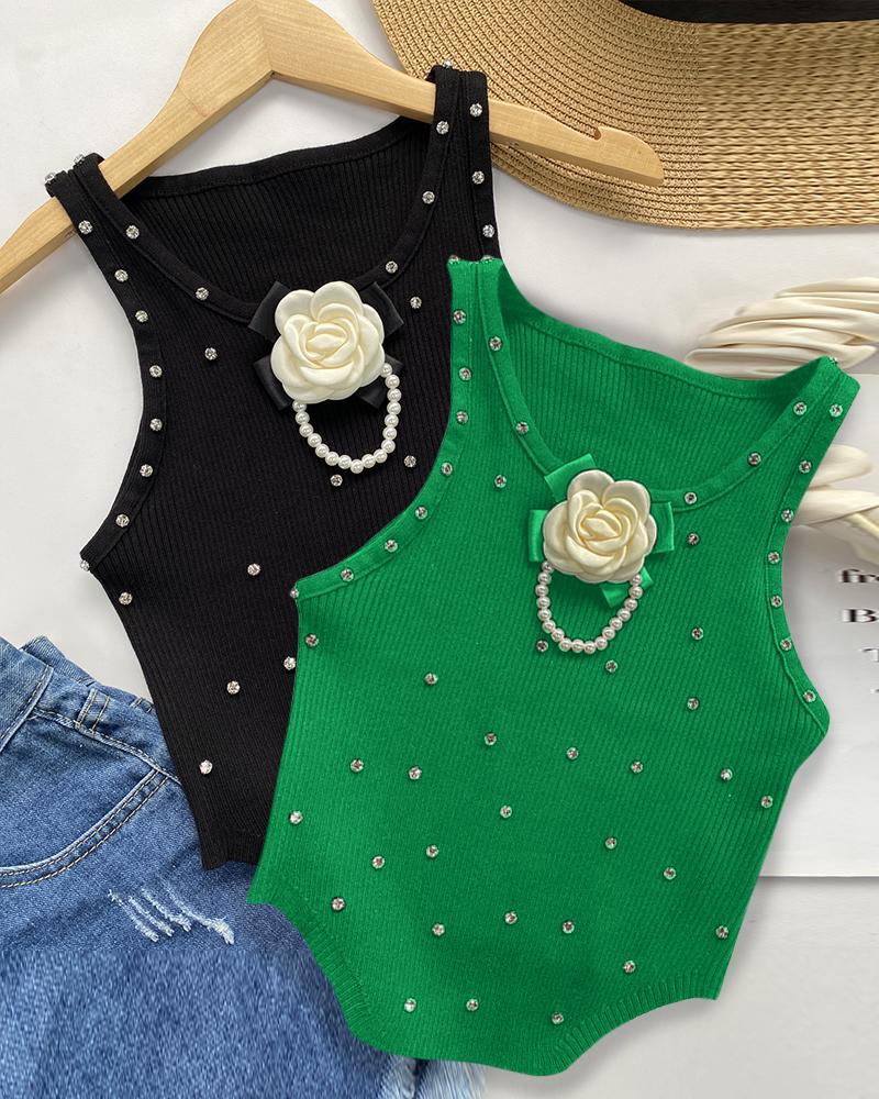 

Floral Pattern Rhinestone Pearls Decor Knit Tank Top, Black