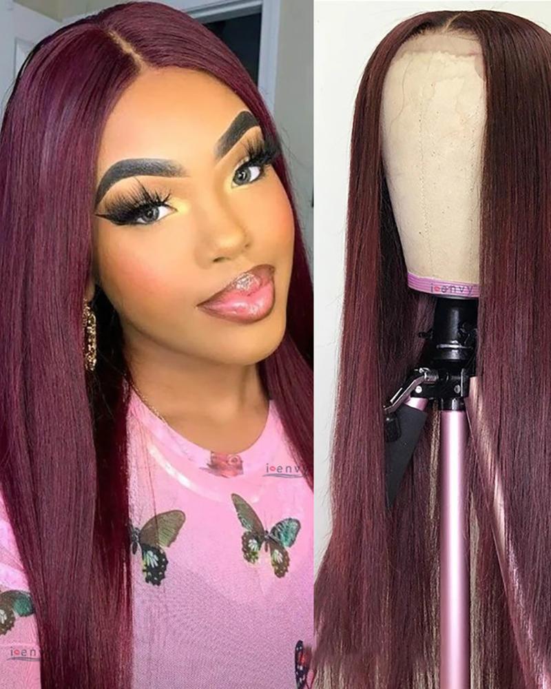 

Natural Long Straight Hair Wig Wine Red Straight Middle Part Heat Resistant Hair Wig
