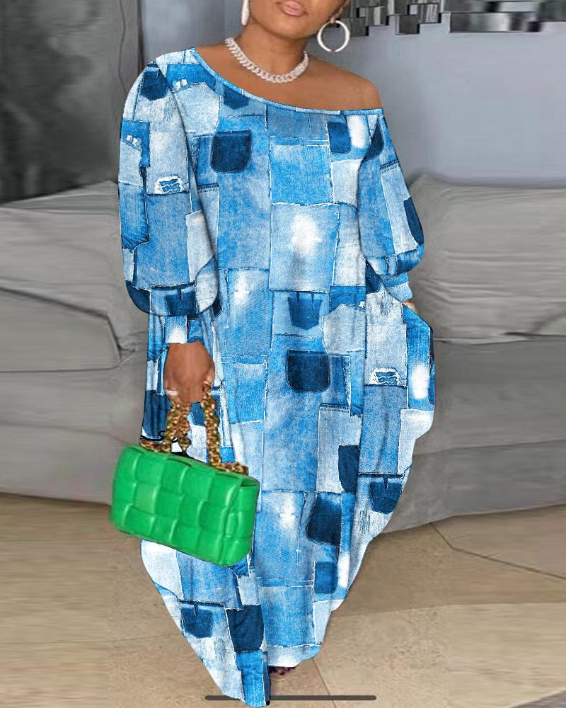 

Plus Size Denim Look Print Lantern Sleeve Maxi Dress, Blue