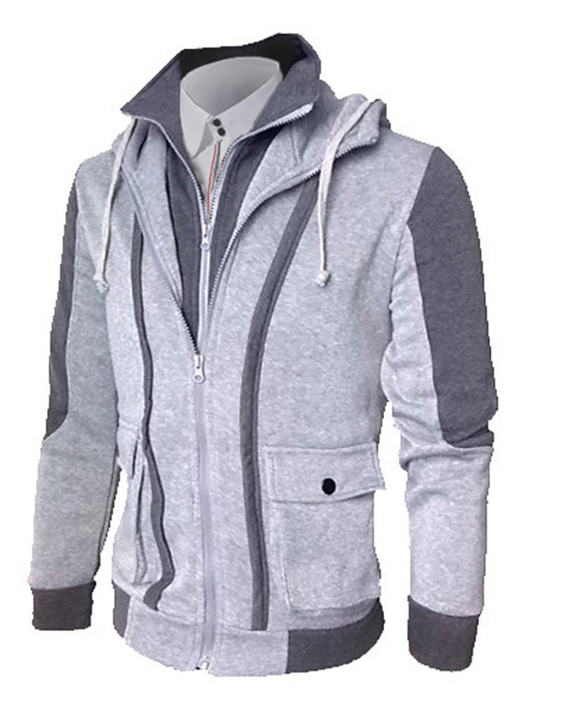 

Men 2 In 1 Colorblock Zipper Pocket Design Hooded Top, Gray