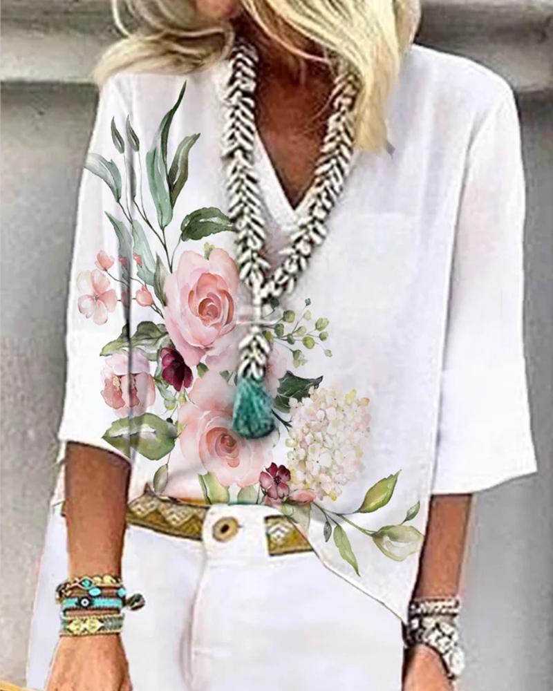 

Floral Print V-Neck Casual Top, White