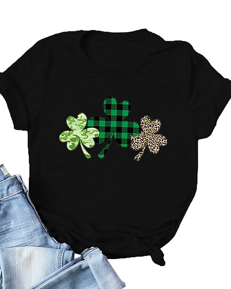 

St.Patrick' Day Clover Print Short Sleeve T-Shirt, Black
