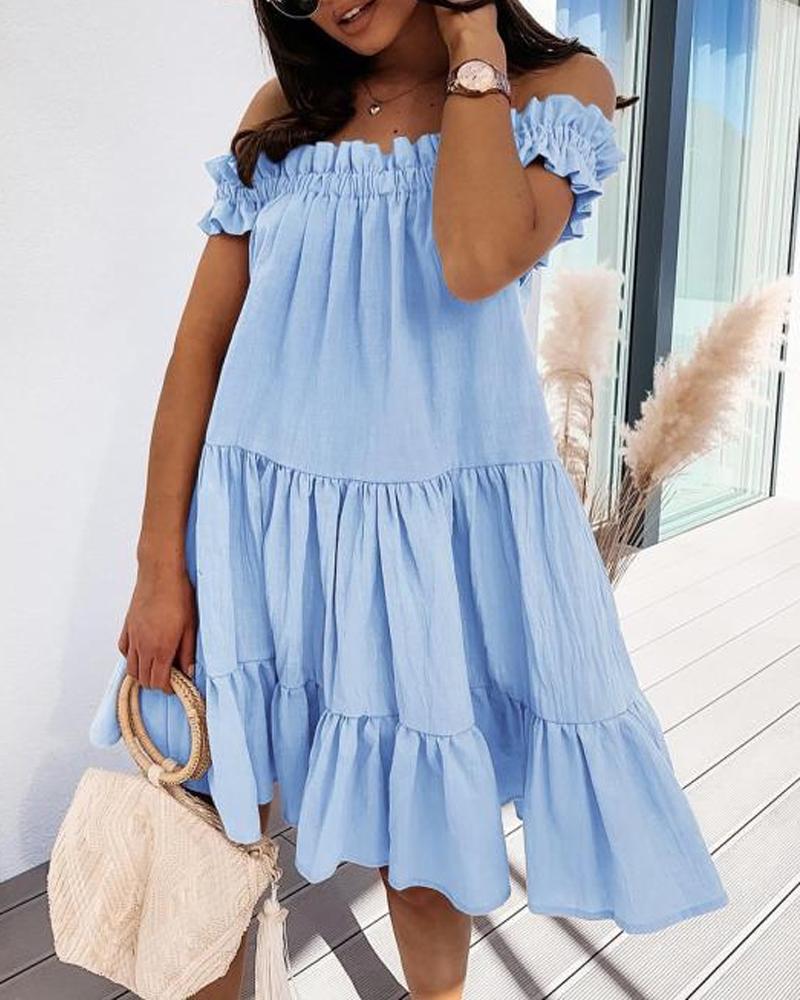 

Off Shoulder Frill Hem Flowy Swing Dress, Blue