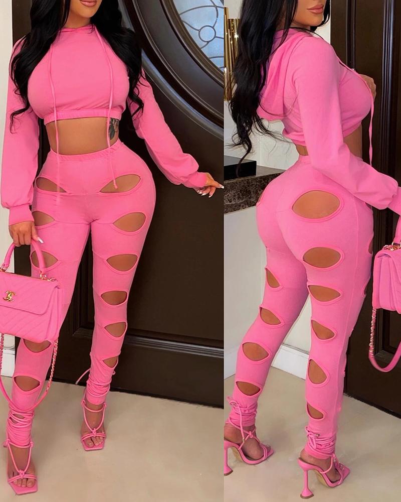 

Long Sleeve Hooded Top & High Waist Cutout Pants Set, Pink