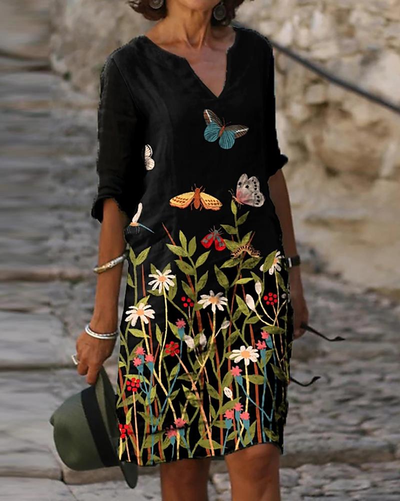 

Floral Butterfly Print Casual Dress Knee Length Half Sleeve Shift Dress, Black