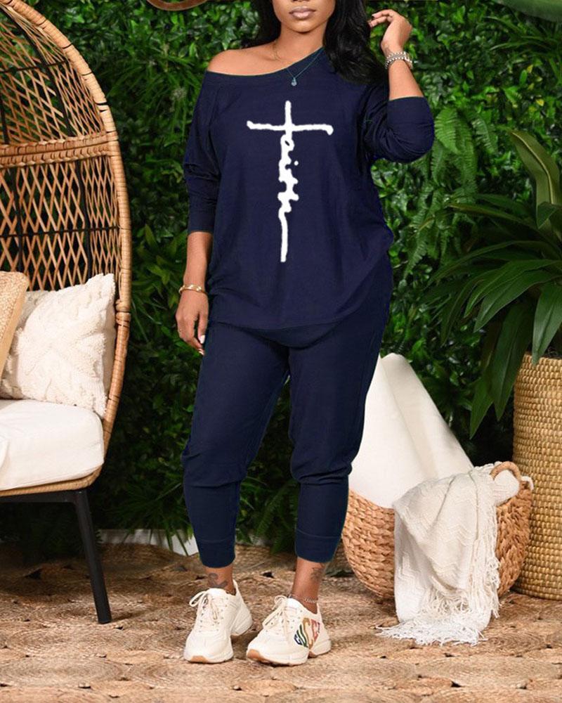 

Letter Print Raglan Sleeve Top & Drawstring Pants Set, Blue