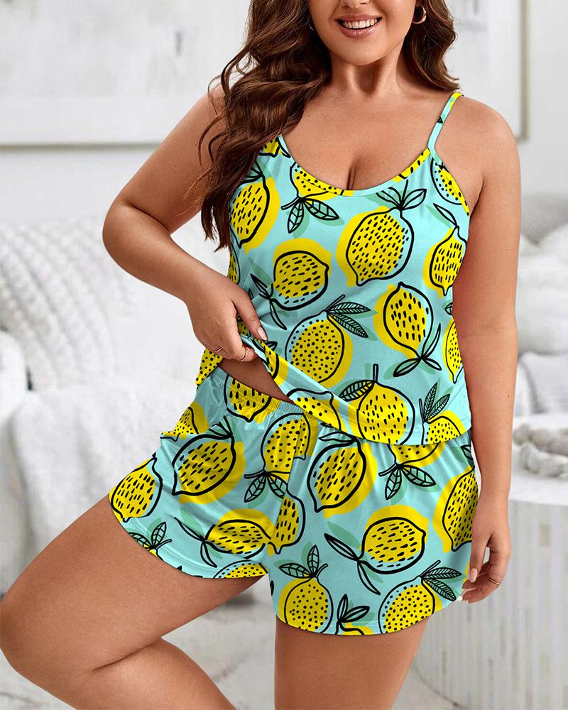 

Plus Size Lemon Print V-Neck High Waist Cami Set, Green