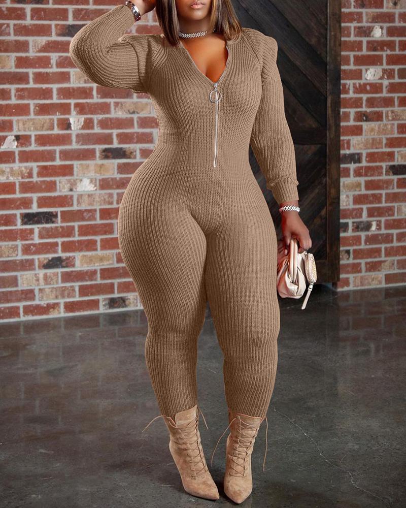 

Padded Shoulder Zipper Design Hooded Knit Jumpsuit, Khaki