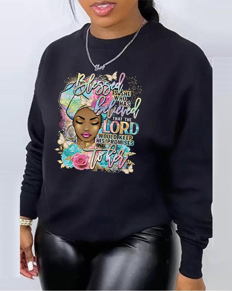 

Plus Size Figure Letter Print Long Sleeve Sweatshirt, Black
