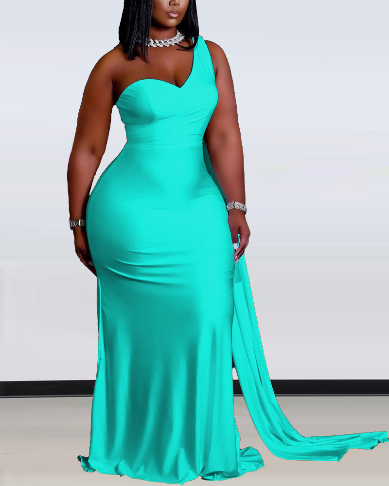 

Plus Size One Shoulder Draped Detail Prom Dress, Green