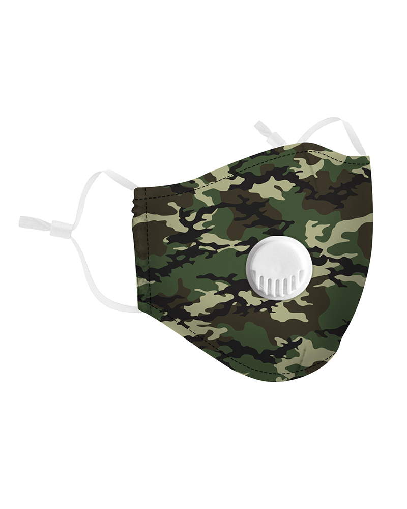 

Camouflage Print Breathing Washable Valve Face Mask (2 filters as gift) Without Cord Lock Toggles, Army green