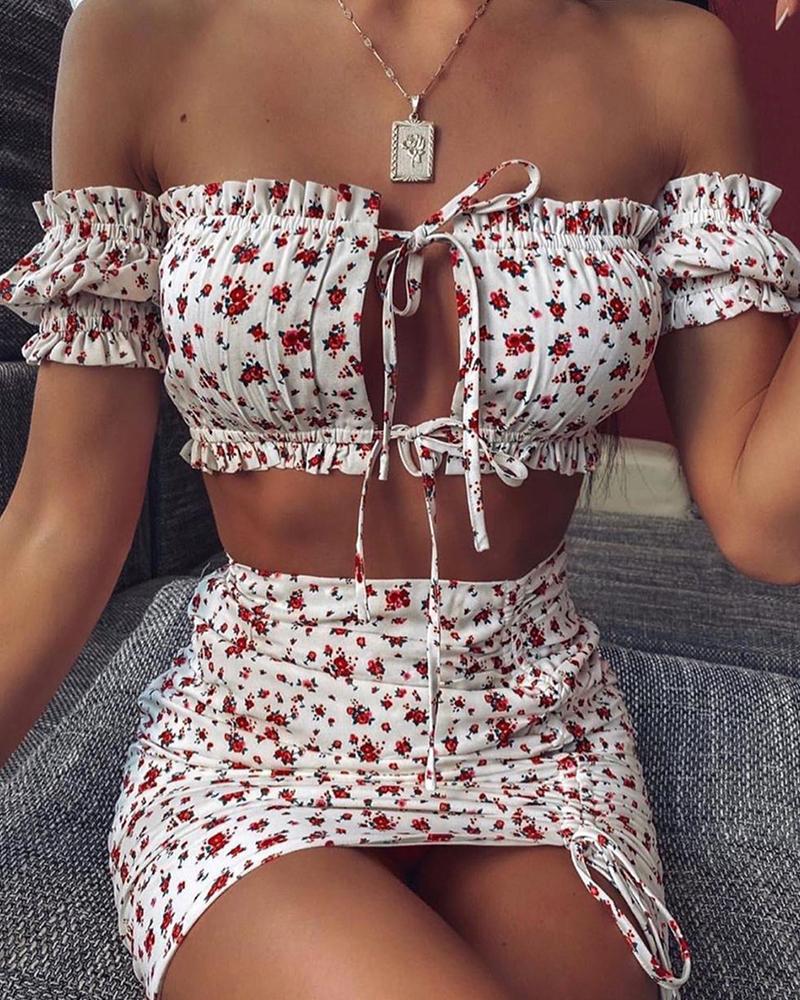 

Floral Tie Front Crop Top & Skirt Set, White