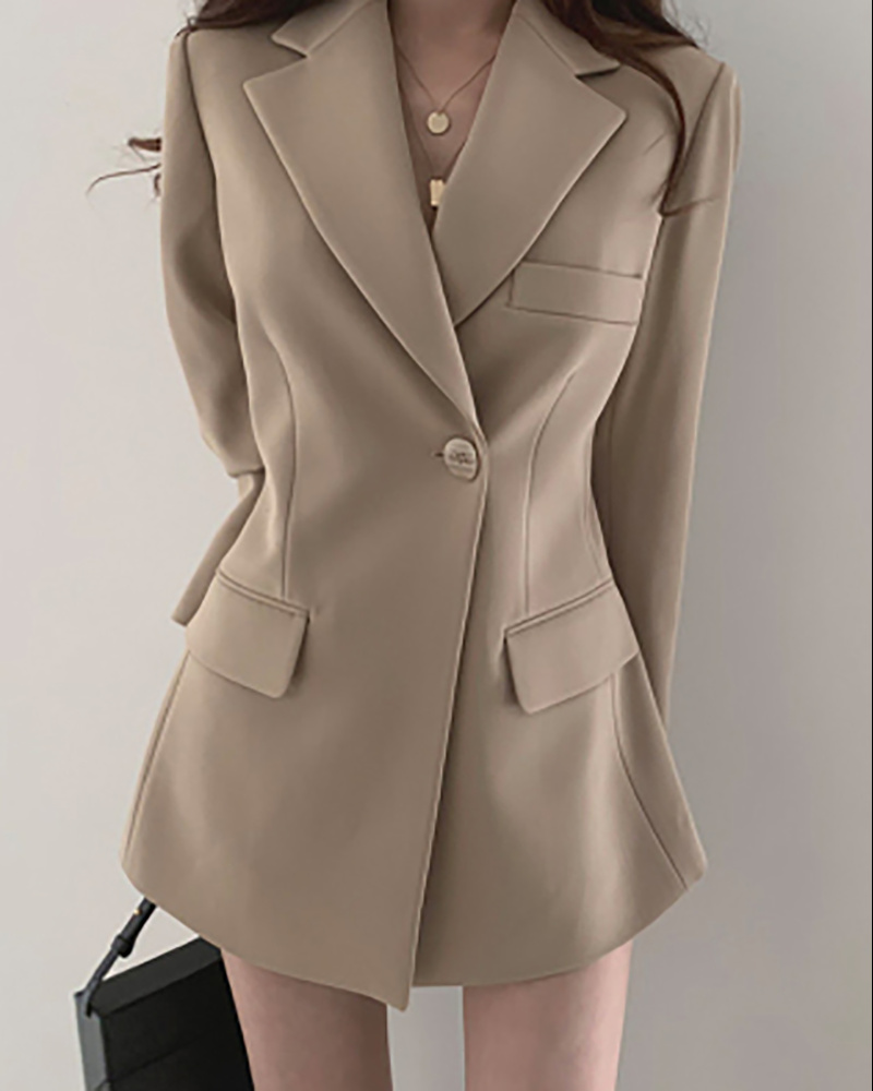 

Button Design Pocket Decor Blazer Coat, Khaki
