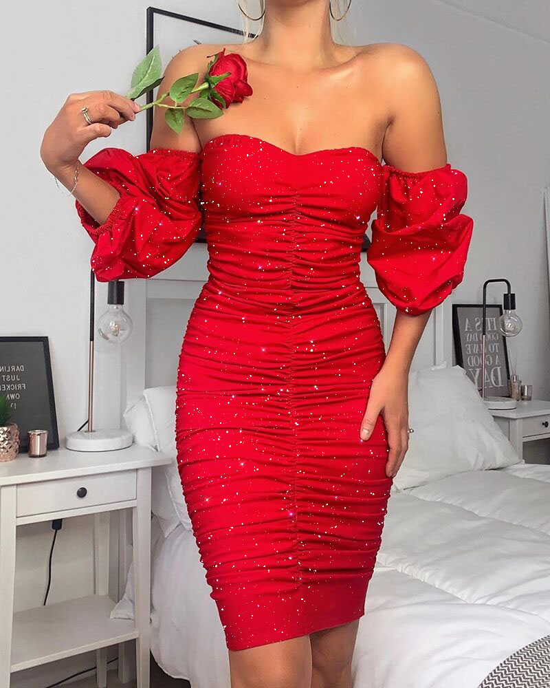 Glitter Off Shoulder Ruched Party Dress