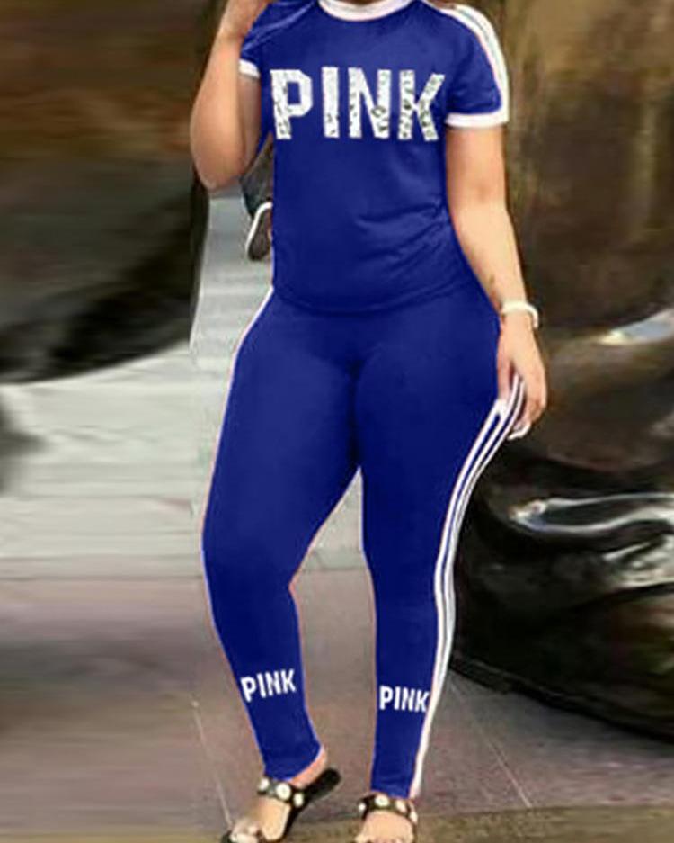 

Letter Print Striped Side Tee & Pants Set, Blue