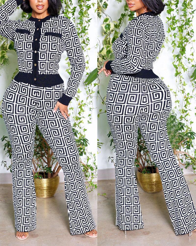 

Geometric Print Long Sleeve Buttoned Top & Pants Set, Blackwhite