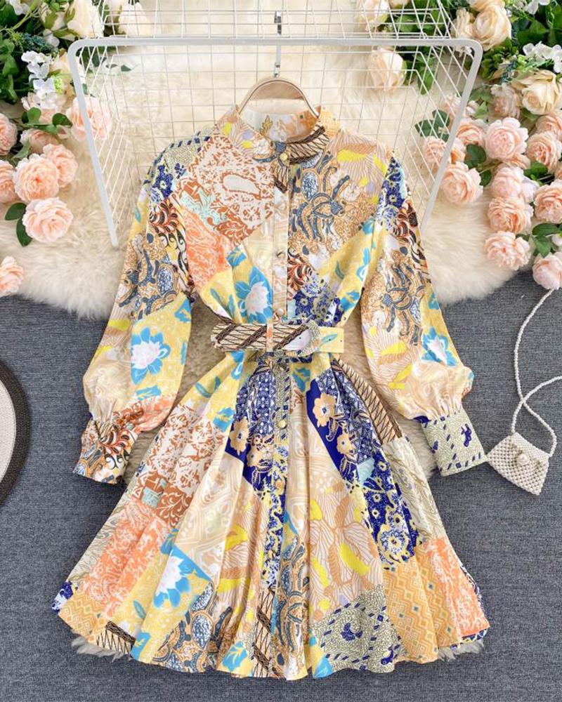 

Vintage Style Print Long Sleeve Mini Women Dress With Belt, Multicolor