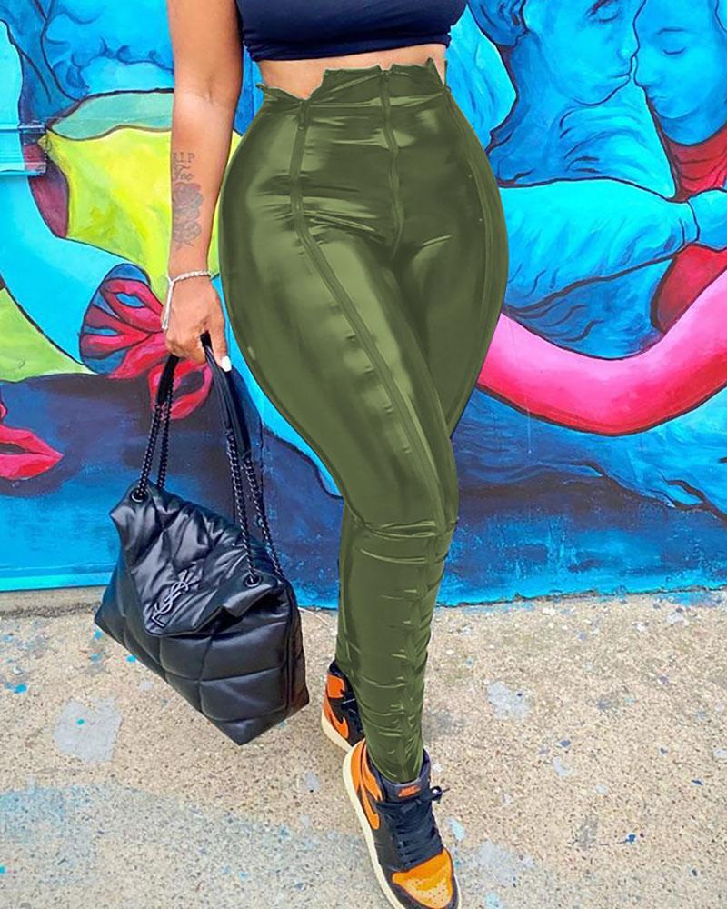 

Zipper Design Ruched High Waist PU Leather Pants, Green