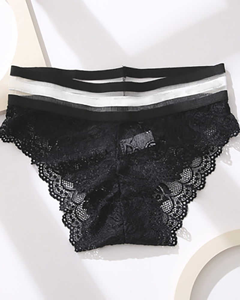 

Letter Trim Crochet Lace Thong Panty, Black