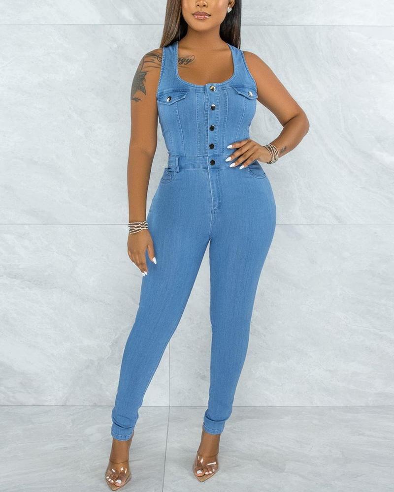

Button Front Flap Detail Denim Jumpsuit, Blue