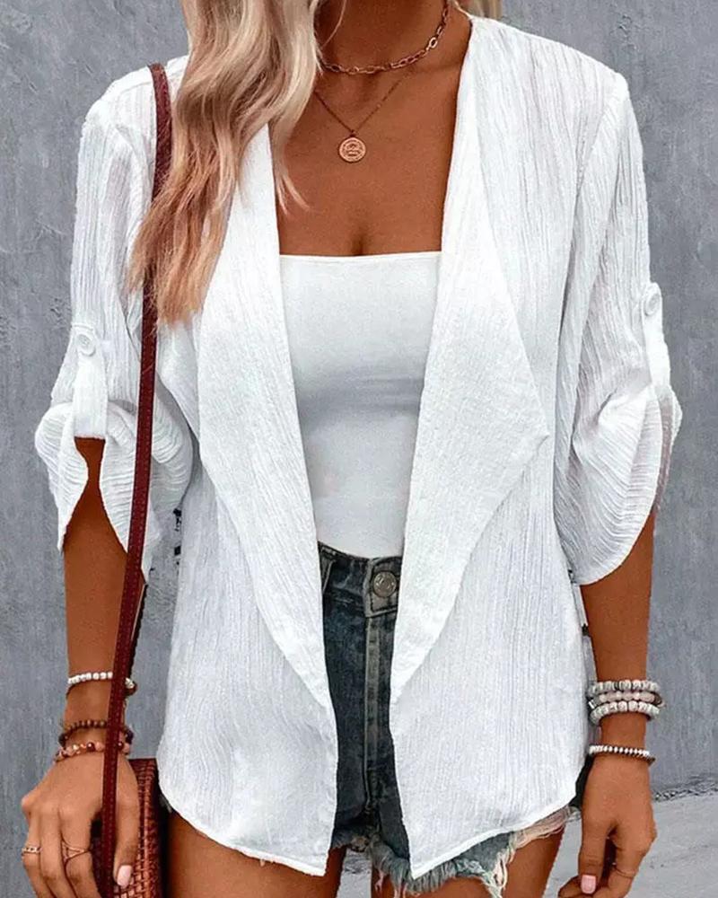 

Open Front Roll Up Sleeve Textured Coat, White