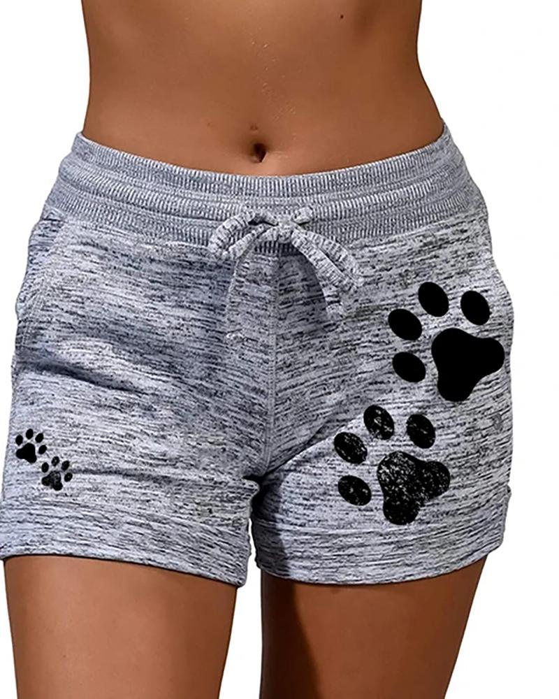 

Paw Print Drawstring Casual Shorts, Gray