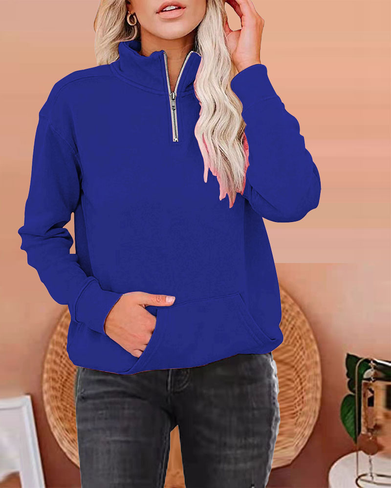 

Long Sleeve Pocket Zipper Front Sweatshirt, Blue