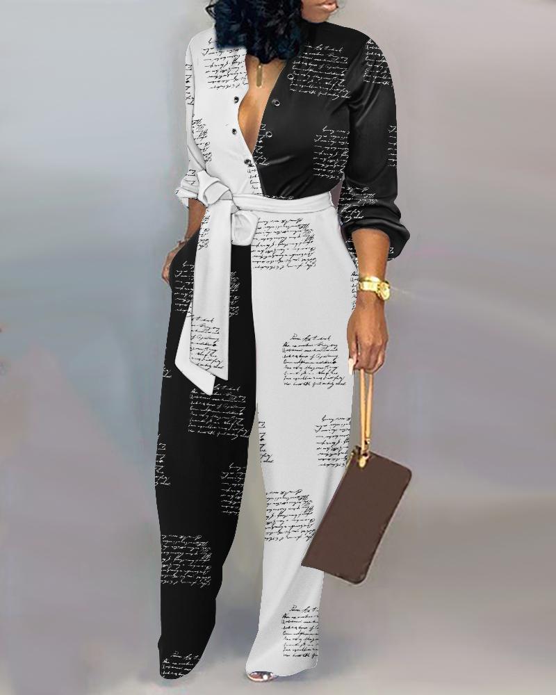 

Plus Size Colorblock Letter Print Long Sleeve Belted Jumpsuit, Blackwhite