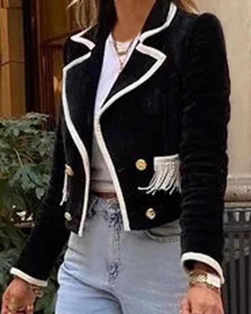 

Contrast Binding Button Tassel Decor Blazer Coat, Black