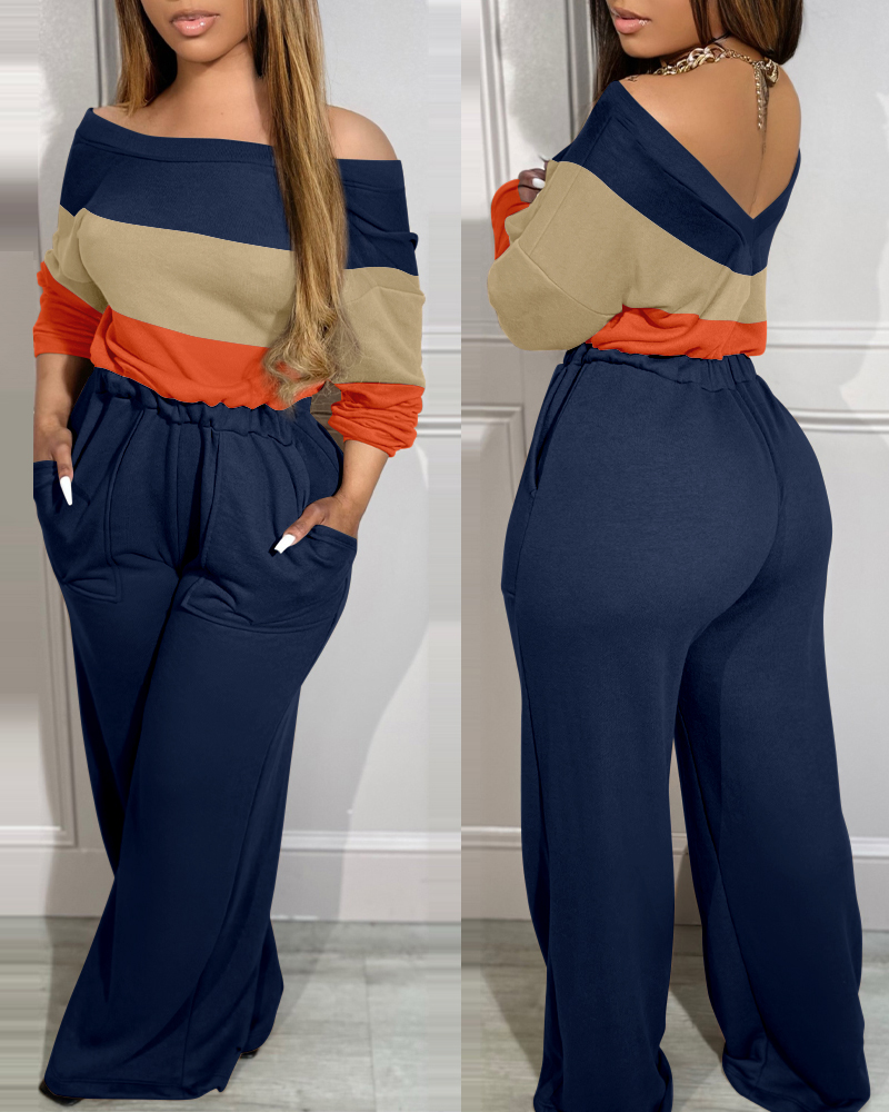 

Colorblock Off Shoulder Long Sleeve Jumpsuit V-Back Stretchy Waist Pocket Design Romper, Orange